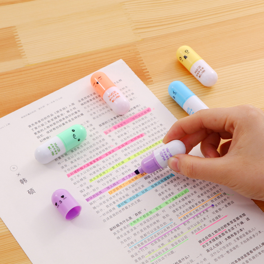 6pcs/set Cartoon Mini Highlighters Office Supplies Marker Pen Students Stationery Vitamin Pill Fluorescent Pens for Kids DIY