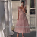 Booma Simple Pink Prom Dresses Spaghetti Straps Tiered Tulle Prom Gowns Exposed Boning A-Line Tea-Length Wedding Party Dresses