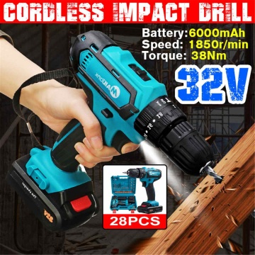 3 In 1 Cordless Electric Drill Hammer Screwdriver 32V 2 Speed LED Lighting Impact Drill 38Nm 18+3 Torque Power Tool with Battery