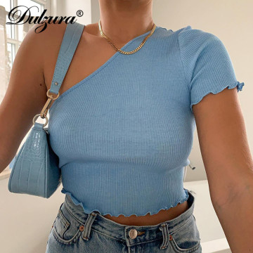 Dulzura knitted ribbed one shoulder women t shirt crop top bodycon sexy 2020 summer clothes elegant cute streetwear club party