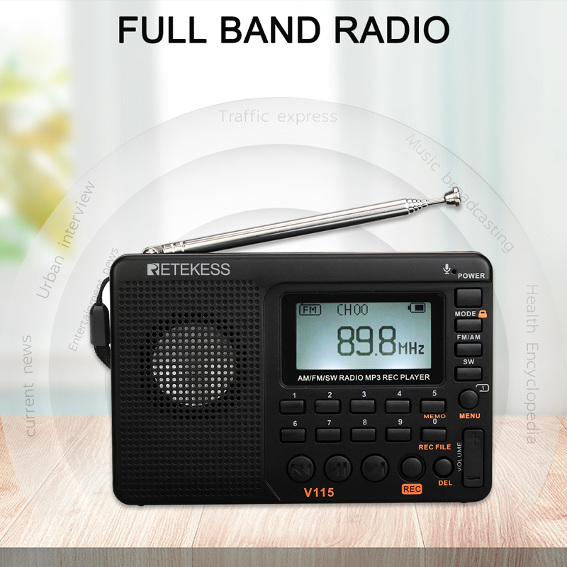 RETEKESS V115 Radio AM FM SW Pocket Radio Shortwave FM Speaker Support TF Card USB REC Recorder Sleep Time