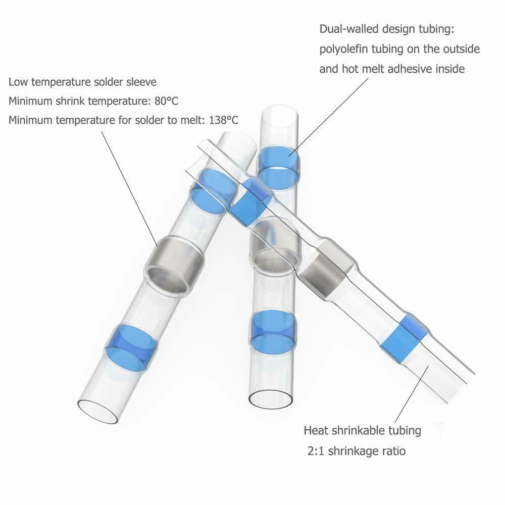 120PCS Waterproof Solder Seal Sleeve Splice Terminals Blue Heat Shrink Electrical Wire Butt Connectors AWG 16-14/1.0-2.5 mm2