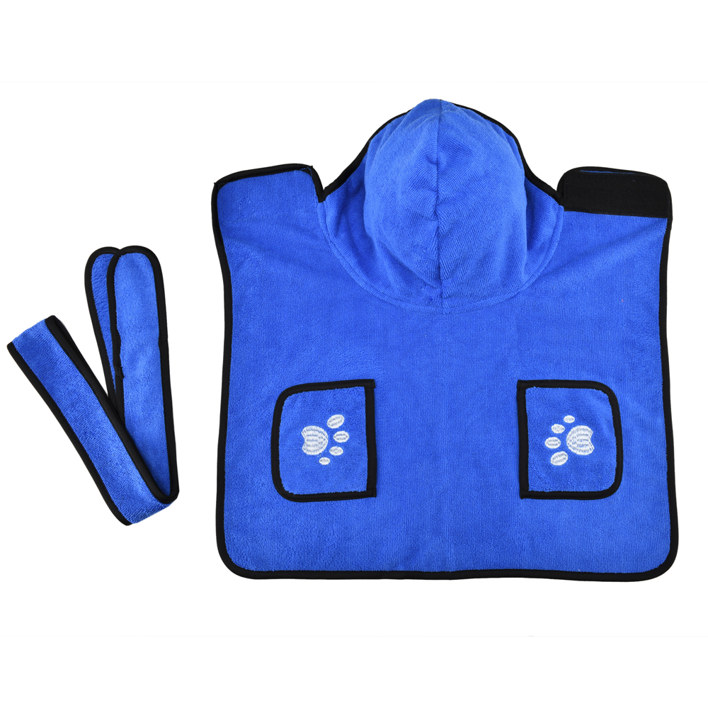 Bathrobe for Dogs Super Absorbent Dog Bathing Suit with 2 Pockets Fast Drying Microfiber Hooded Bath Towel with Belt Blue XS-XL