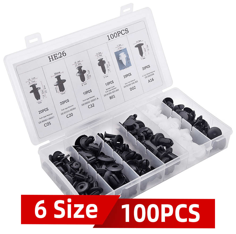 6 Size 100pcs Auto Fastener Clip Mixed Car Body Push Retainer Pin Rivet Bumper Door Trim Panel Retainer Fastener Kit