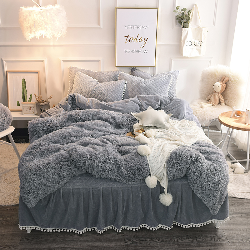 Luxury Plush Shaggy Duvet Cover Set Quilted Pompoms Fringe Ruffles Bedskirt Pillow Shams Bedding Set Twin Full Queen King 4/6PCS