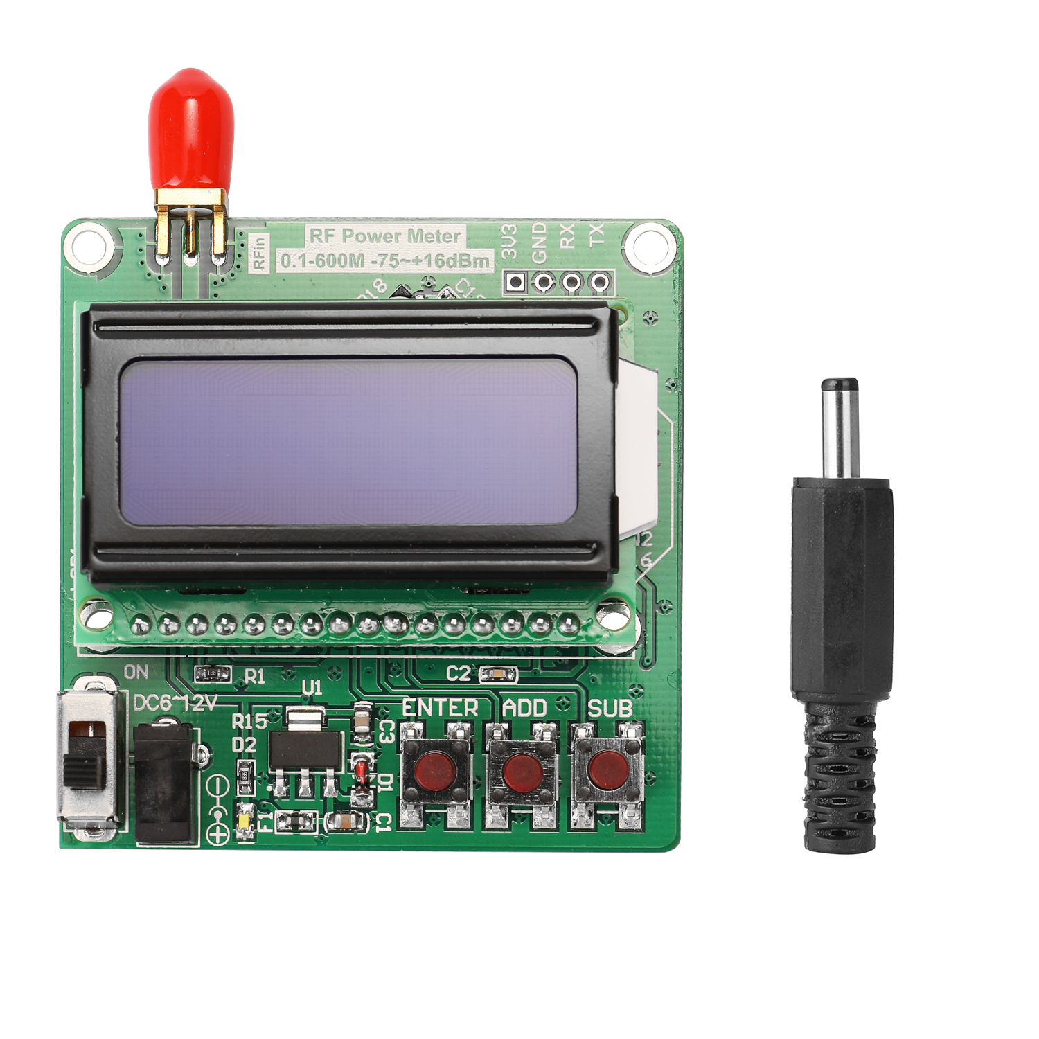 LCD Backlight Digital Display RF Power Meter Module -75~+16dBm 0.1-600MHz Radio Frequency Attenuation Value RF Power Meter