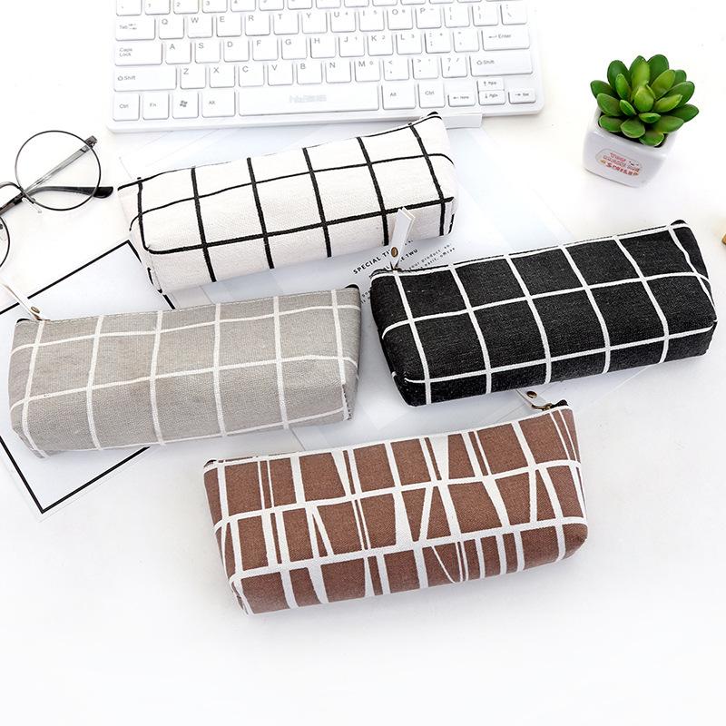 Canvas Geometric Pencil Bag Case School Simple Striped Grid Solid Color Cute Pencil Bag Case Pouch Office Students Kids Supplies