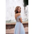 Light Blue Cocktail Dresses with Split Sheer Jewel Neck Tulle Short Sleeves Cheap Prom Dress Custom Made Homecoming Gowns