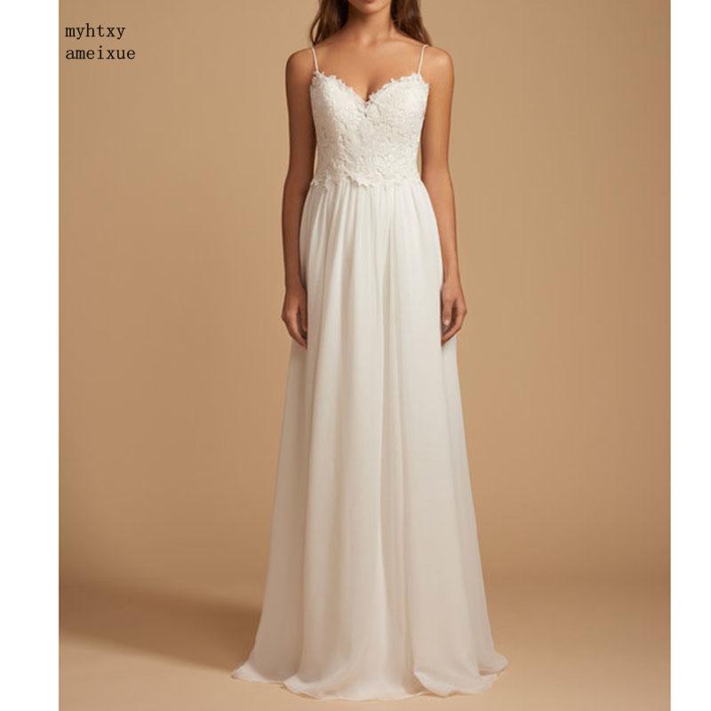 Cheap Boho Wedding Dress Spaghetti Strap A Line Chiffon Long Backless Beach Wedding Gown Appliques Lace Top Bride Dress 2020