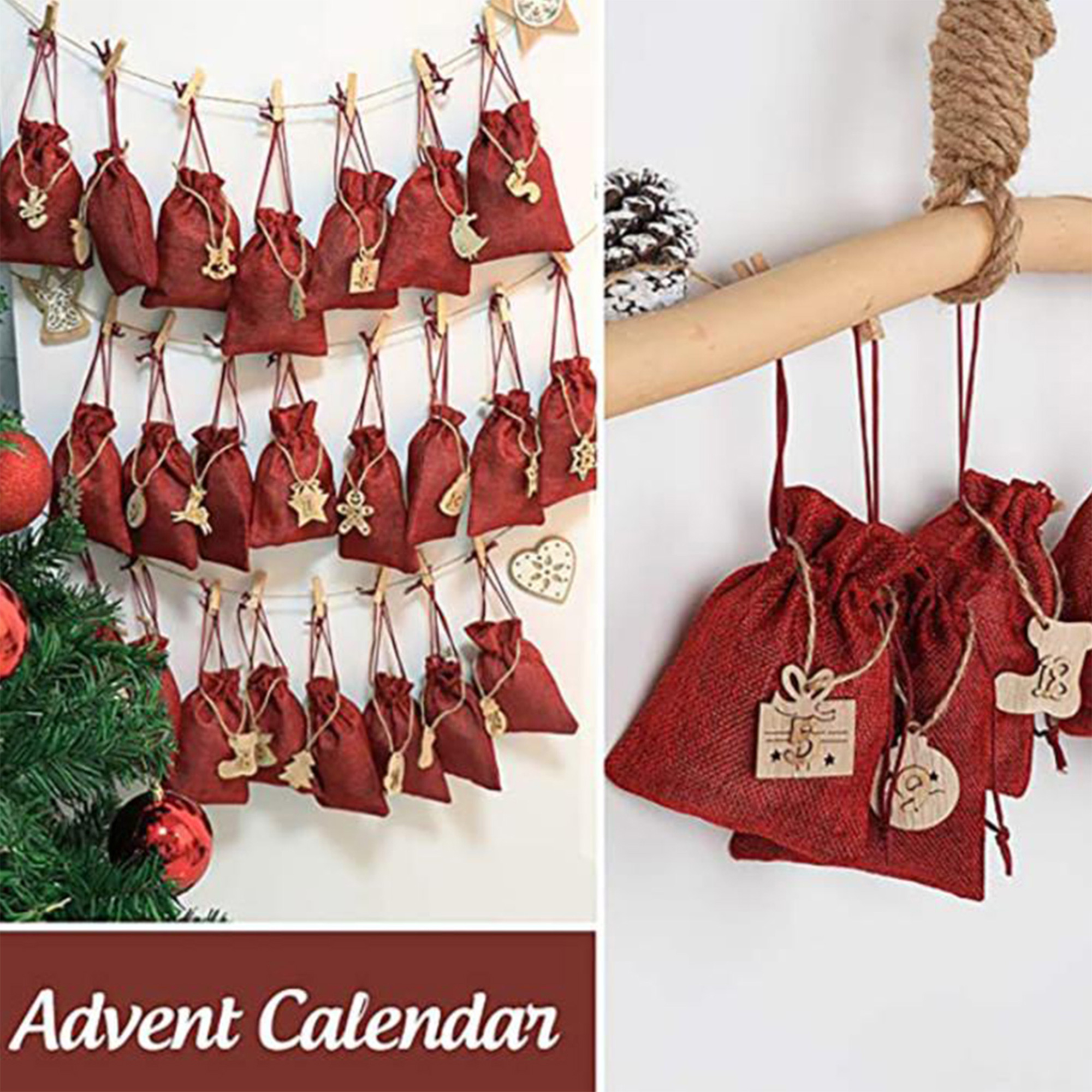 Christmas Advent Calendar 24PCS Countdown Bag Hanging Candy Gift Sacks Pouch with Clips Stickers Rope Home Christmas Decoration