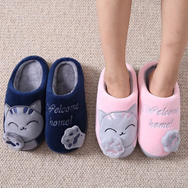 Autumn Winter Cotton Slippers Fur Rabbit Home Warm Thick Bottom Indoor Cotton Shoes Womens Slippers Cute Fluffy Cat Slippers