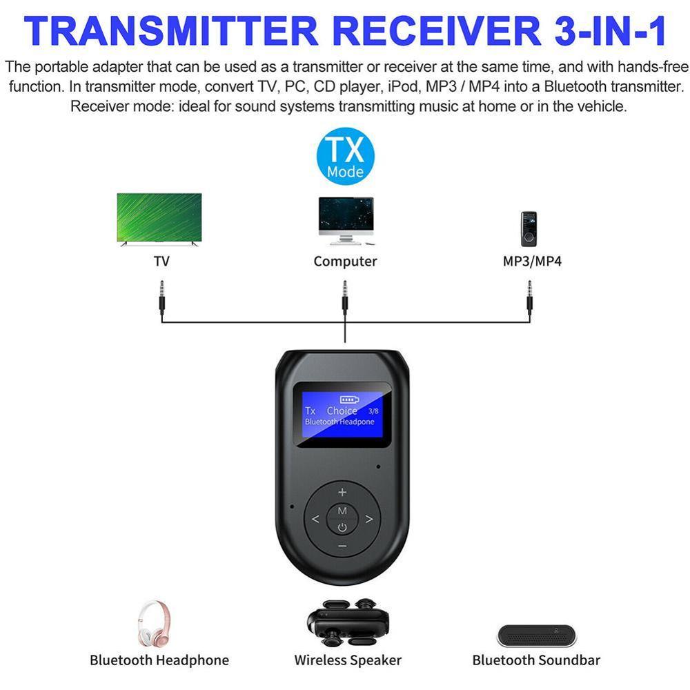 3 in1 Bluetooth 5.0 Transmitter Receiver LED Screen Wireless Audio 3.5mm Adapter AUX Music Sender for TV PC