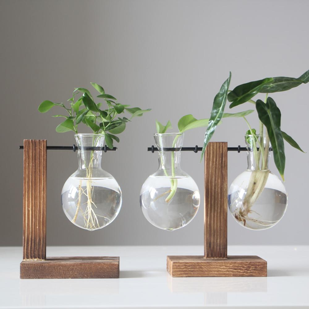 Wooden Frame Vase Hydroponic Plant Pot Transparent Glass Container Desk Decoration Flowerpot for flowers Dropshipping