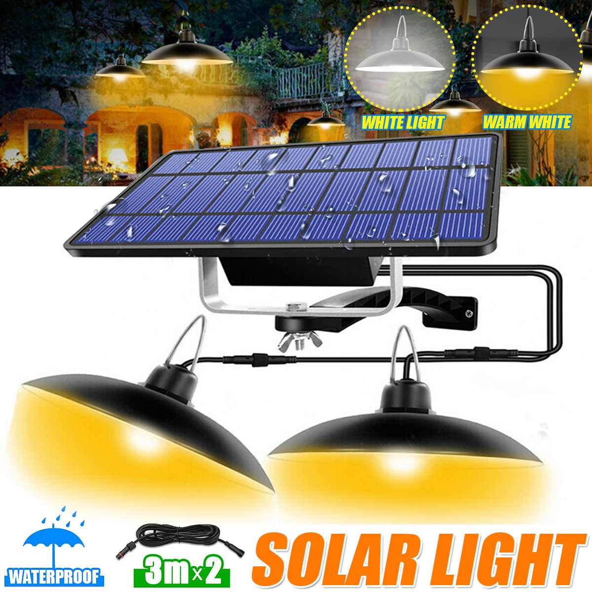 NEW Double Head Solar Pendant Light Outdoor Indoor Solar Lamp With Line Warm White/White Lighting For Camping Garden Yard