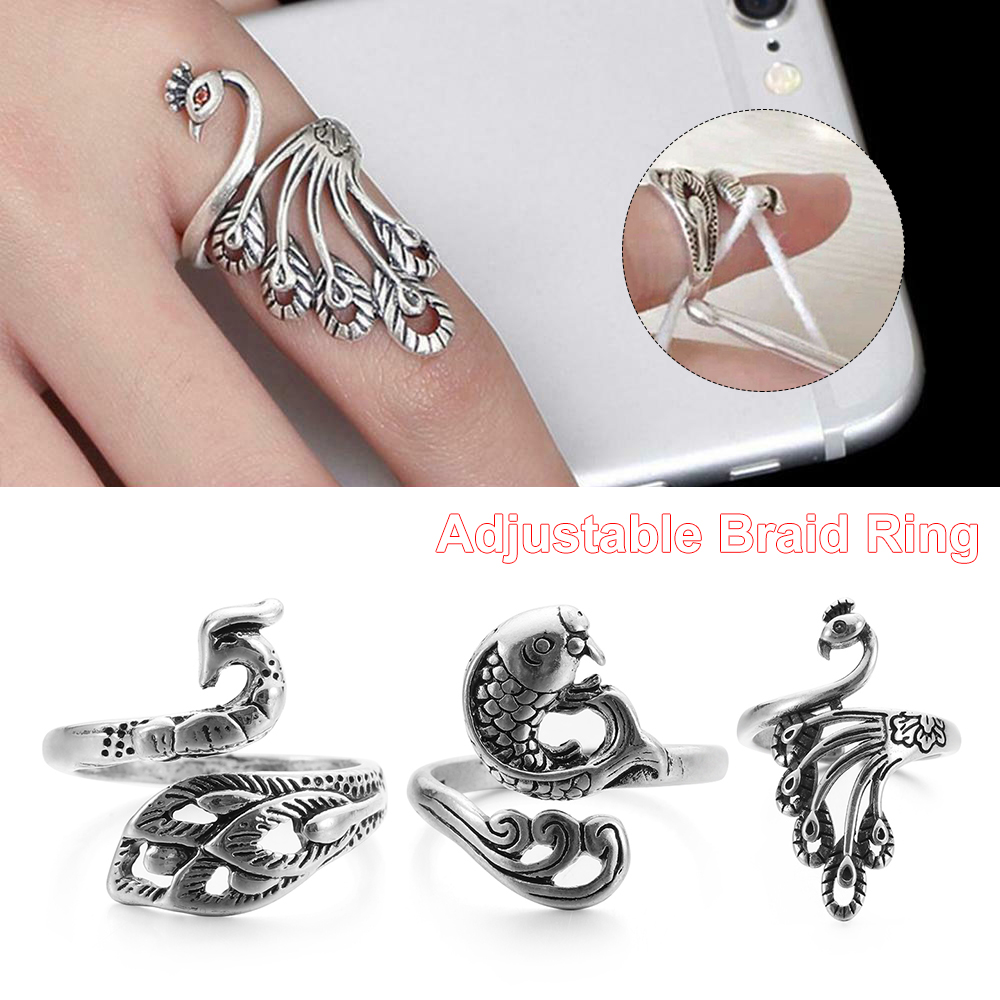 Ring Knitting Loop Crochet Tool Peacock Fish Phoenix Knitting Ring Finger Wear Thimble Yarn Adjustable Open Fingering Sewing