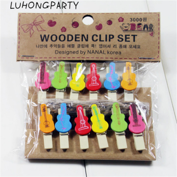 12PCS Music Guitar Fashion Wooden Clothespin Office Supplies Photo Craft Clips DIY Clothes Paper Peg Party Decoration