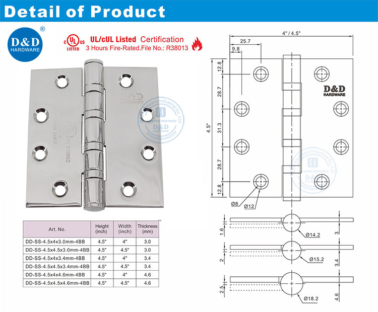 UL Listed Fire Rated Door Hinge for Residential - Satin Nickel Finish