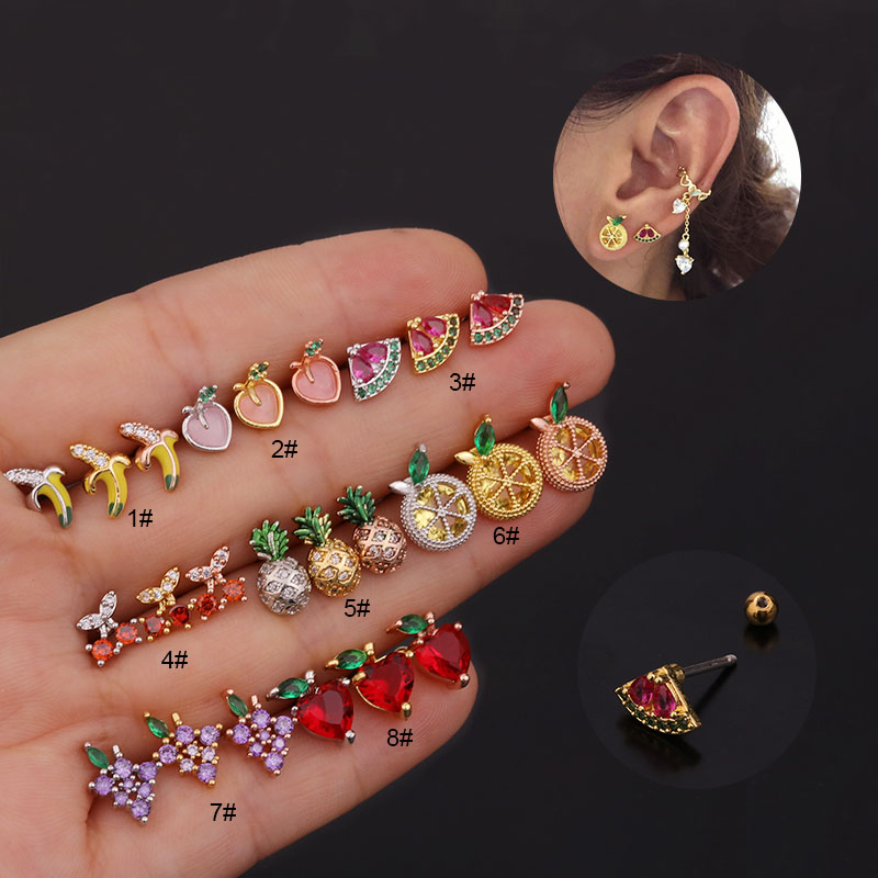 Sellsets New 1Pc 20g Steel Trendy Multicolor Cz Fruit Cartilage Screw Back Stud Earring Ear Tragus Conch Lobe Piercing Jewelry