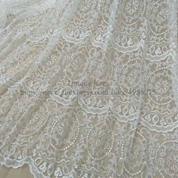 Vintage sequins lace fabric tulle lace fabric higher french lace bridal lace elegant wedding dress fabric 130cm widths ivory lac