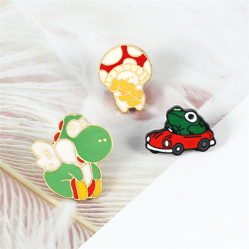 Cartoon Frog Driver Enamel Pins Dinosaur Mushroom Red Car Brooches Funny Cute Animal Jewelry Clothes Bag Badge Gift for Children