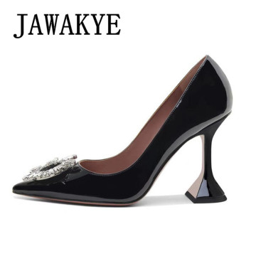 Crystal Badge Embellished Pointed Toe High Heels Formal Ladies Party Shoes Women Basic Pumps Strange Cup Heel Shoes Plus Size