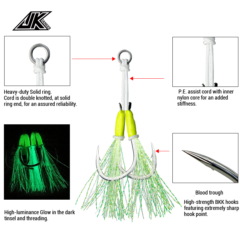 JK Fishing Hooks Sea Glow 1/0 2/0 3/0 4/0 Fish Assist Hook Twins Double Fishery Fishhooks Jig Slow Feather for Fishing Attract