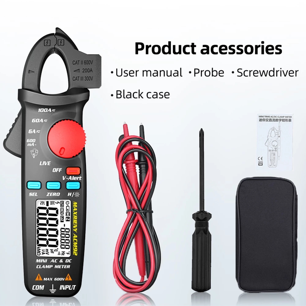 Digital RMS Clamp Meter ACM92 DC AC Current 100A 0.1/1mA Car repair Ammeter Multimeter voltage Ohm Hz NCV Continuity Tester