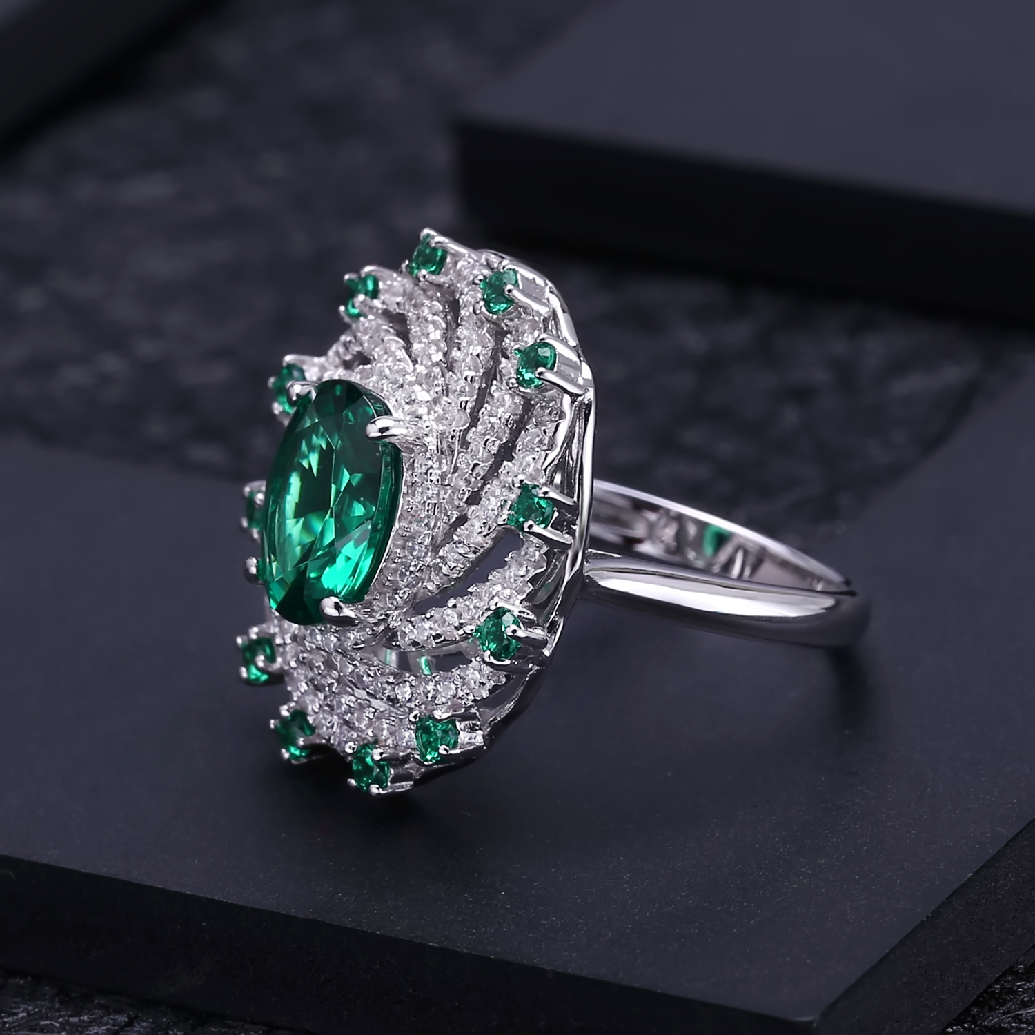 GEM'S BALLET Luxury Nano Emerald-Green Vintage Jewelry Set 925 Sterling Silver Ring Earrings Pendant Sets For Women Fine Jewelry
