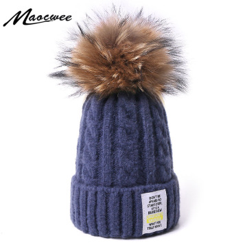 Women Warm Knitted Beanies Cap Hat Real Fur Pom Pom Ball Thick Women's Solid Color Skullies Hats Outdoor Female Casual Ski Caps