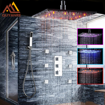Wall Mounted LED Rainfall Shower Faucet Set Square Shower Head Bathroom Shower Massage Jet Hand Shower Thermostatic Mixer Tap