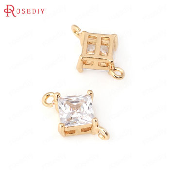 (31965)4PCS 6MM 8MM 24K Champagne Gold Color Brass with Zircon Square 2 hole Connector Charms High Quality Jewelry Accessories