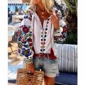 Women Casual Flower Cotton Linen Button Long Lantern Sleeve Shirt Blouse Tunic Tops Holiday Beach Wear National Feature Blouses