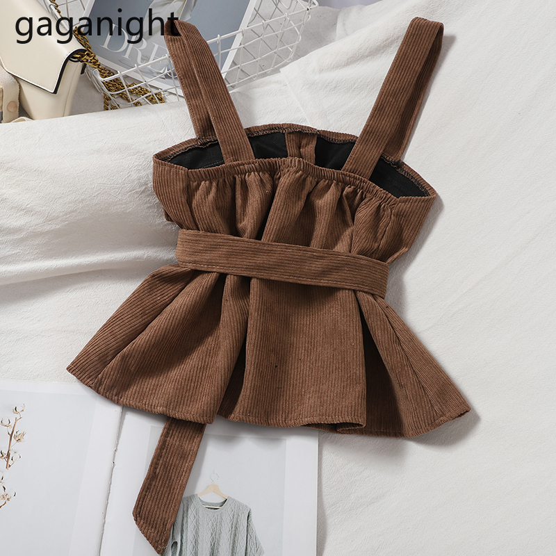 Gaganight Solid Women Corduroy Outwear Vest Sleeveless Tops with Belt Autumn Winter Fashion Office Lady Vintage Tank Camis Chic