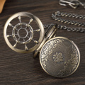 Retro Bronze Rudder Hollow Design Mechanical Hand-wind Pocket Watch Unique Double-sided Opening Skeleton Fob Pocket Watch Chain