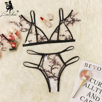 Leechee New Sexy Bra Floral Embroidery Sheer Mesh Lingerie Set Push up Bralette+Hollow out Thong Women Sexy Intimates Underwear