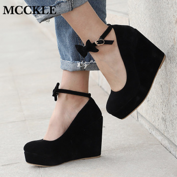 MCCKLE Women High Heels Shoes Plus Size Platform Wedges Female Pumps Women's Flock Buckle Bowtie Ankle Strap Woman Wedding Shoes
