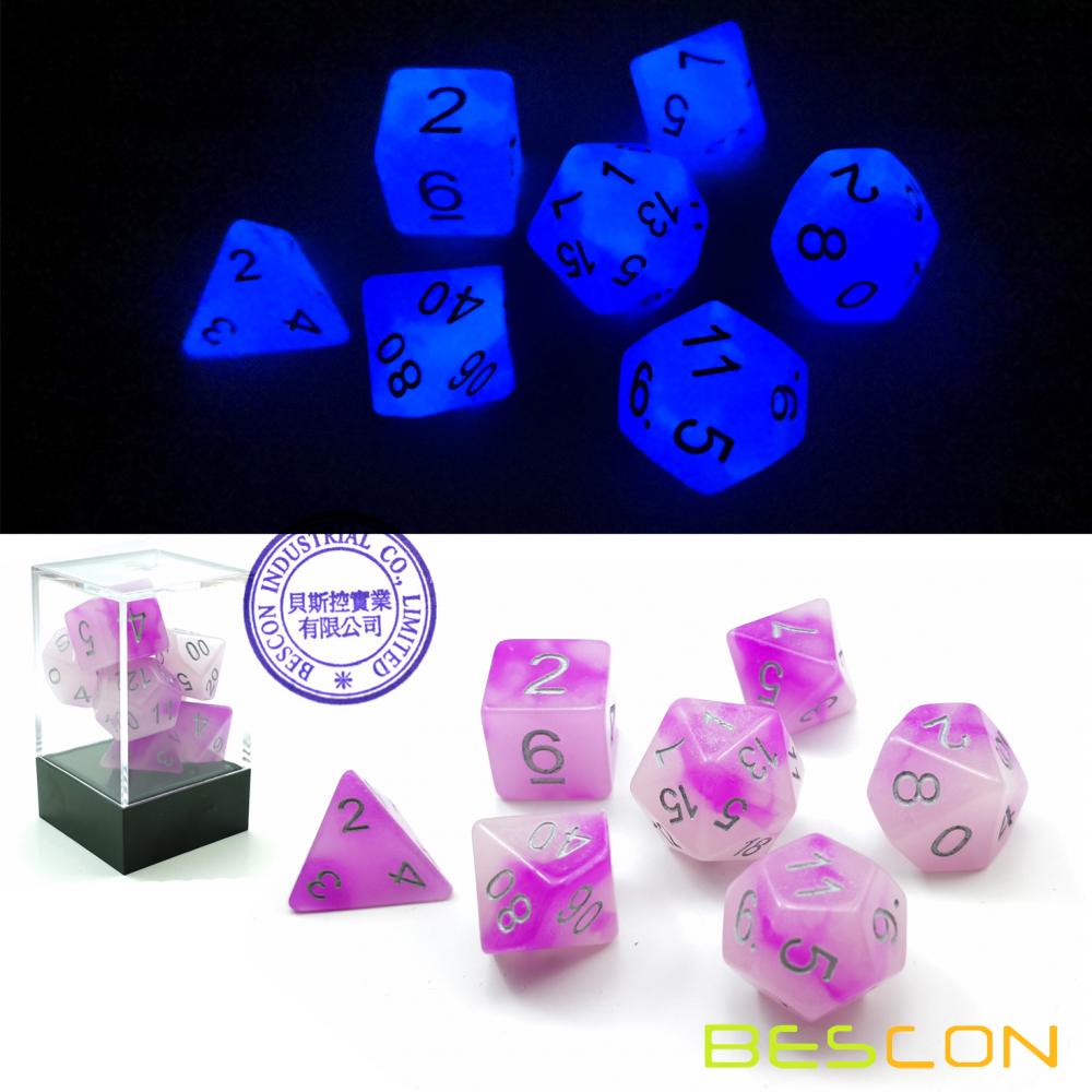 Bescon Two Tone Glowing Polyhedral Dice 7pcs Set FROSTY AMETHYST, Luminous RPG Dice Glow in Dark, DND Role Playing Game Dice