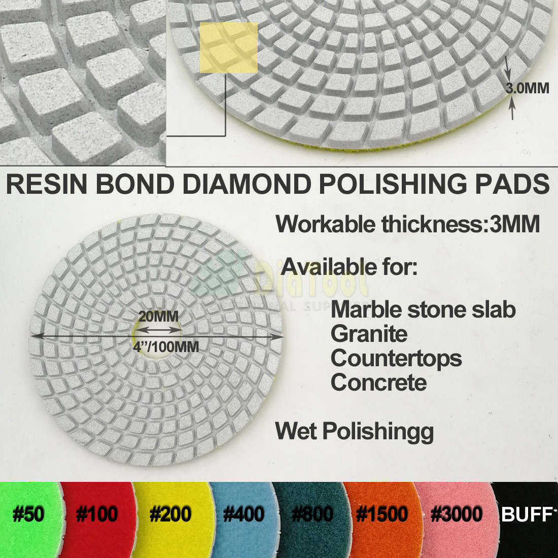 DIATOOL 8pcs 4" diamond wet flexible polishing pads Granite Marble or 8pcs White resin bond 100mm sanding discs with a backer