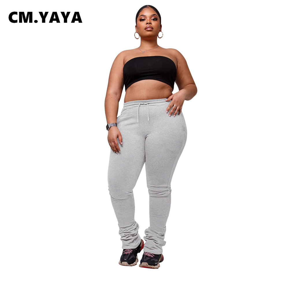 CM.YAYA Plus Size L-4XL Women Elastic Stacked Pants Legging High Waist Flare Bell Bottom Ruched Trousers Draped Jogger Sweatpant