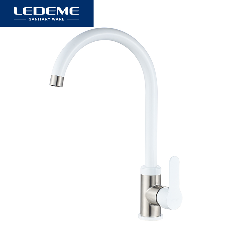 LEDEME Kitchen Faucet Stainless Steel Deck Mounted Kitchen Sink Mixer 360 Degree Rotation Single Hole White Faucets L74105W