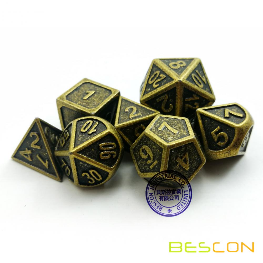 Bescon New Style Ancient Brass Solid Metal Polyhedral D&D Dice Set of 7 Brass Metallic RPG Role Playing Game Dice 7pc Set D4-D20