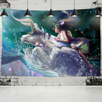 Cartoon Animation Print Tapestry Mythical Animal Unicorn Taurus Wall Hanging Psychedelic Tapestry Hippie Wall Carpets Dorm Decor