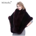 MS.MinShu Mink Fur Shawl Fox fur trim Winter Women Real Fur Fashion Poncho Fox Fur Trimmed Cape Winter Cape Female