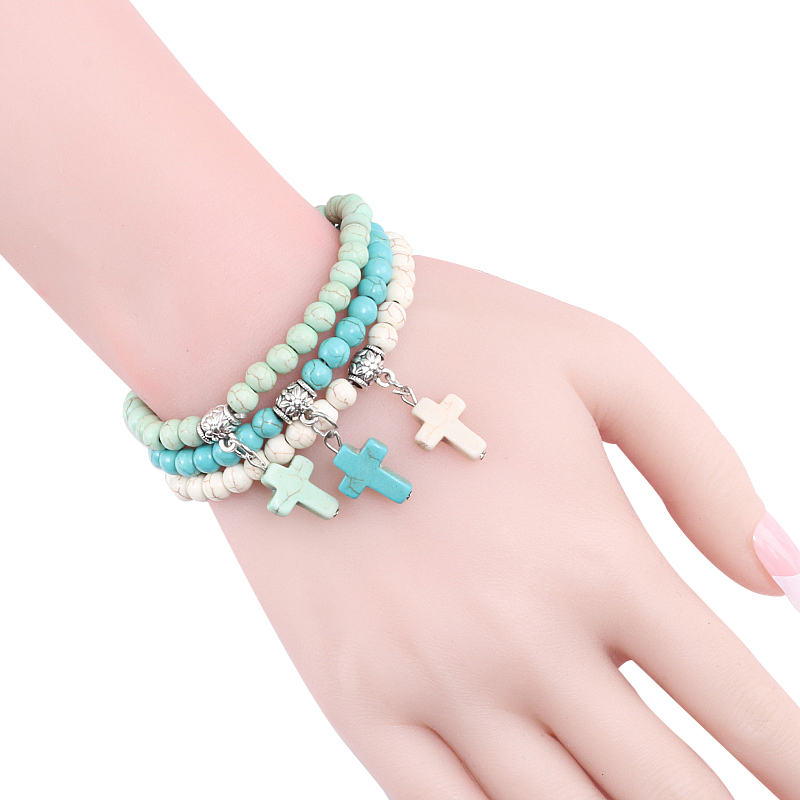 Vintage Cross Natural Stone 6mm Beads Bracelet Charm Men Blue Turquoises Pendant Strand Bracelets Bangles Women Fashion Jewelry