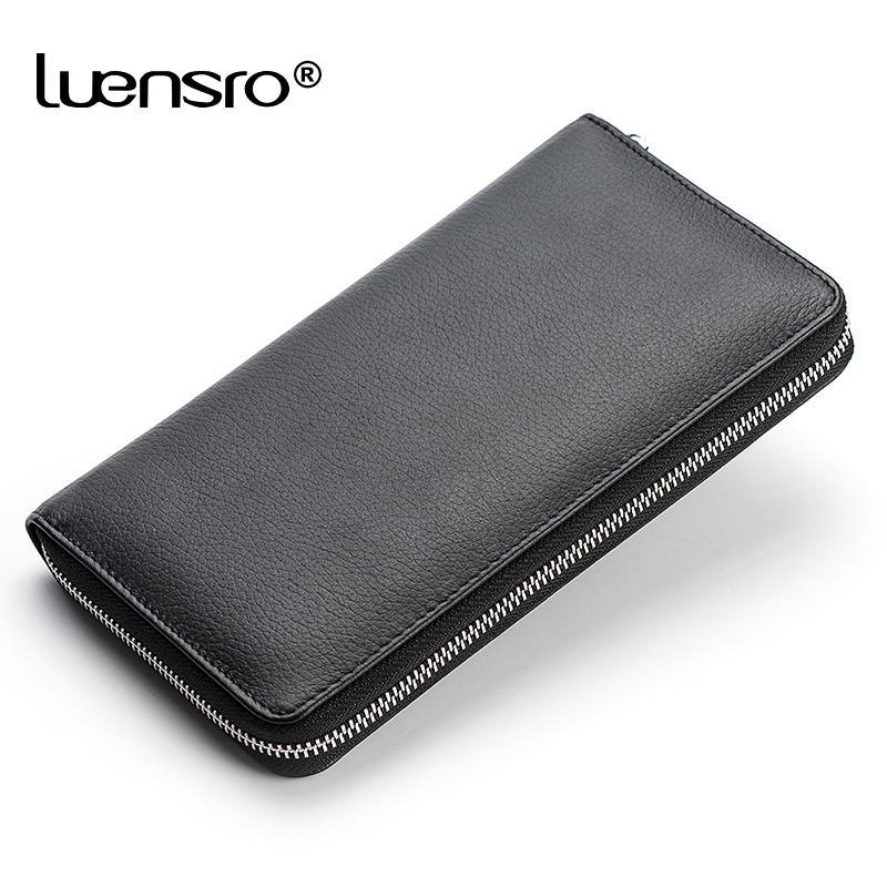 2020 Simple Business Men Wallet Black Genuine Leather Men's Long Zipper Wallets Card Holder Male Passport Wallet Men Clutch Bag