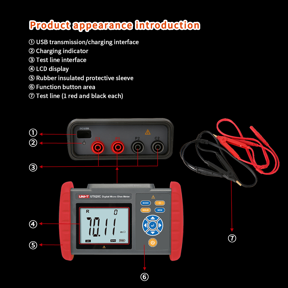 Digital DC Low Resistance Meter Equipotential test Micro ohmmeter Ohmmeter connectors, contact resistances of relays UT620C