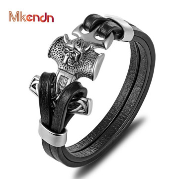 MKENDN Punk Men Jewelry Black Genuine Anchor Leather Bracelet Skull Stainless Steel Magnetic Clasp Fashion Bangles