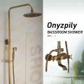 Antique Brass Shower Faucets Set 8'' Rainfall Shower Commodity Shelf Dual Handle Mixer Tap Swivel Tub Spout Bath Shower