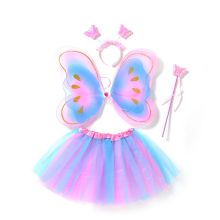 4Pcs Butterfly Wings Set Kids Girls Fairy Double Layers Tutu Skirt Wing Magic Wand Headband Petticoats Clothes Party Costume