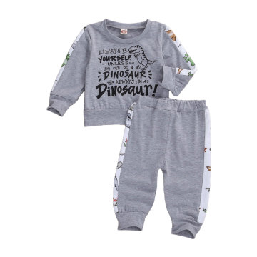 Infant Baby Boy’s Long-sleeved Trousers Suit Cartoon Dinosaur Round Neck T-shirt and Elastic Long Pants 2Pcs Outfit